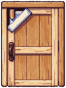 a door still in its kit: planks, hinges, and a paint tin